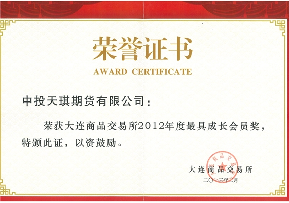 公司荣获“2012年度最具成长会员奖”